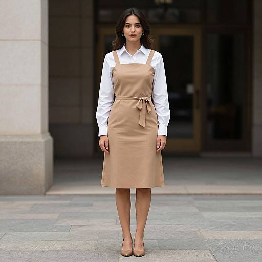 Photograph of a young woman with dark curly hair, wearing a white shirt and beige apron dress, standing on a city sidewalk.