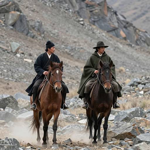 Two Men Riding Horses in Rocky Mountain Terrain