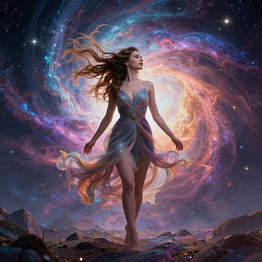 Digital art of a fair-skinned woman with flowing brown hair, wearing a blue, translucent dress, surrounded by swirling cosmic colors, standing on rocky terrain