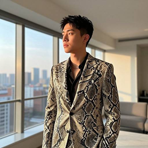 Young Asian man with spiky black hair, wearing a snake-patterned blazer, stands in a sunlit modern apartment with cityscape view. Phot