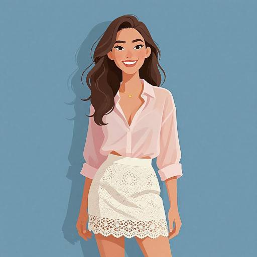 Digital illustration of a smiling woman with long brown hair, wearing a white lace skirt and unbuttoned pink shirt, against a blue background.