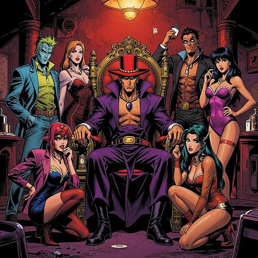 Comic-style illustration of a muscular, top-hatted man in purple suit, surrounded by six colorful, seductive characters in revealing outfits, in a dim