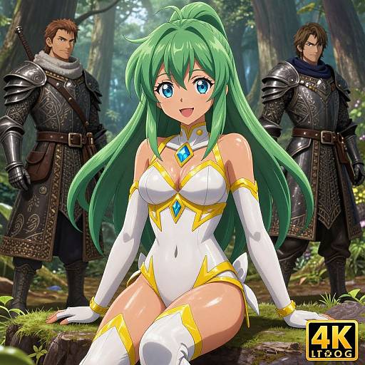 Digital anime artwork of a green-haired, blue-eyed, busty woman in a white and gold armor outfit, flanked by two armored men in a forest