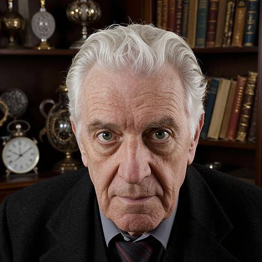 Photograph of an elderly white man with white hair and blue eyes, wearing a black suit and tie, staring intensely into the camera against a background of