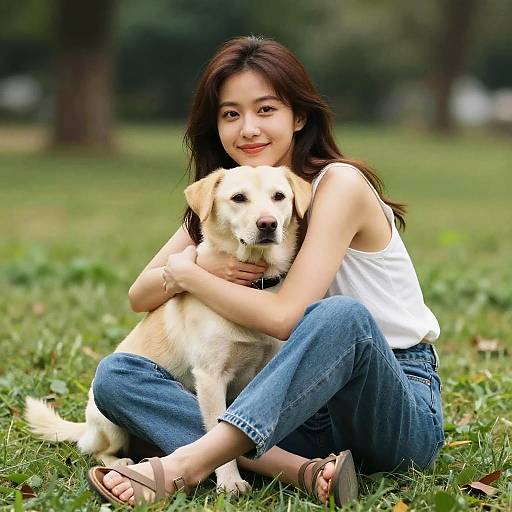 Girl Hugging Dog in Denim Jeans