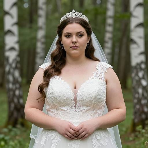 Photograph of a plus-size, fair-skinned bride with long brown hair, wearing a white lace wedding dress, tiara, and veil, standing