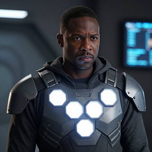 Photograph of a serious Black man with short hair, wearing black armor with glowing white hexagonal lights, in a dark futuristic setting.