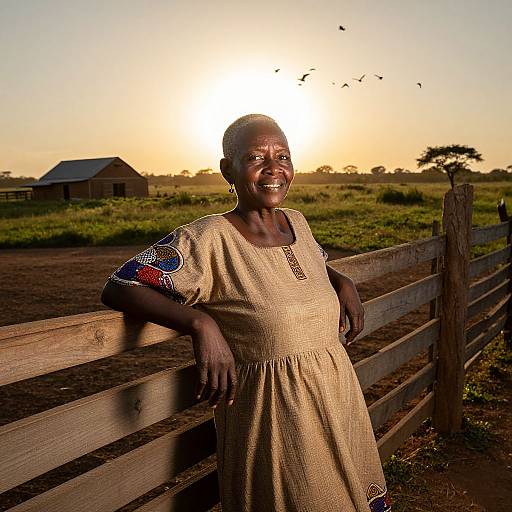 Photograph of smiling African woman in beige dress with colorful embroidery, leaning on wooden fence at sunset, birds flying, rural house in background.