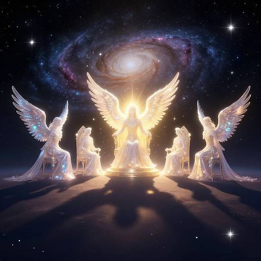 Digital artwork of glowing, ethereal winged figures with illuminated halos, standing in a cosmic landscape under a spiral galaxy.