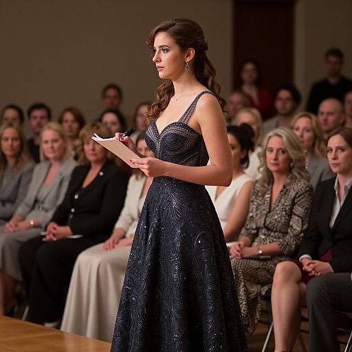 Photograph of a brunette woman in a sparkling navy blue gown, holding papers, standing on stage, with an audience seated in the background.