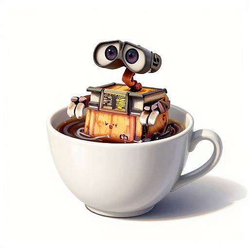 A small, orange robot with binocular eyes sits inside a white coffee cup filled with dark coffee, against a white background. Digital illustration.