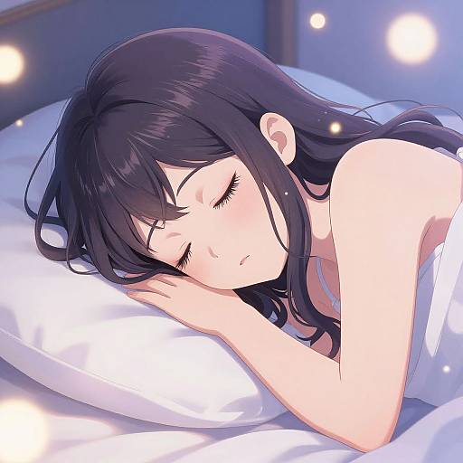 Digital anime-style drawing of a sleeping woman with long, dark purple hair, pale skin, and closed eyes, lying on a white pillow in a softly
