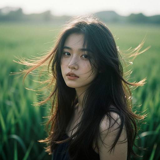 Realistic Analog Style Portrait with Windblown Hair