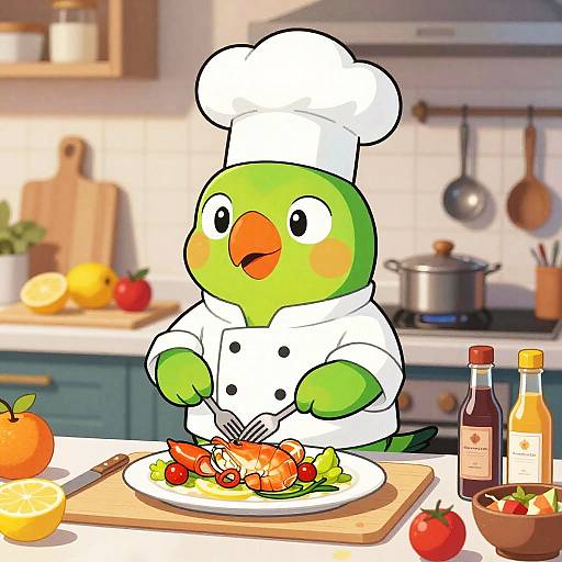 Cartoon Parakeet Chef Preparing Seafood