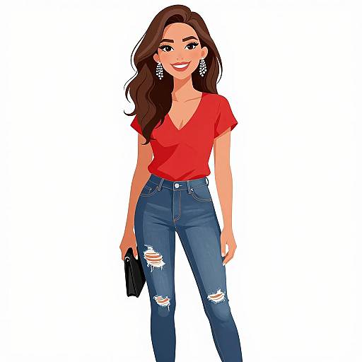 Digital illustration of a smiling woman with long brown hair, wearing a red V-neck top, blue ripped jeans, and holding a black clutch, against a