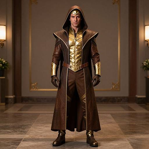 Photograph of a man in a dark, hooded, medieval-style cloak with gold accents, standing in a dimly lit, elegant room.