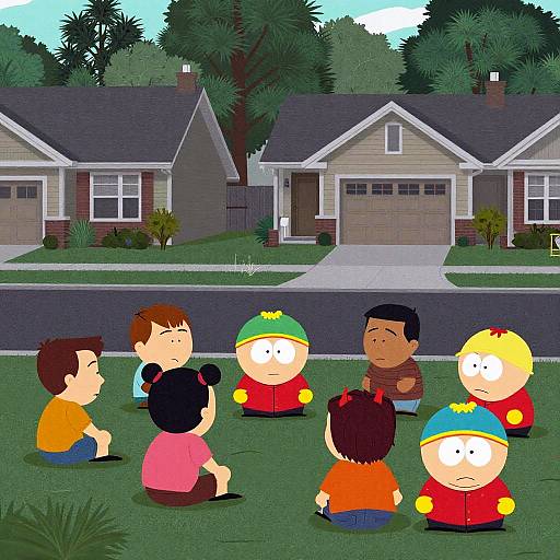 Digital cartoon of seven children sitting on grass in front of suburban houses with gray roofs and green lawns.