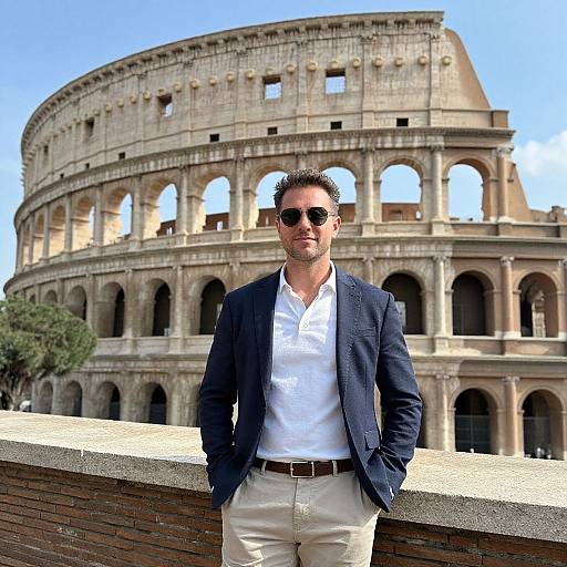 Photograph of a handsome man with short brown hair, wearing sunglasses, navy blazer, white shirt, beige pants, standing in front of the Col