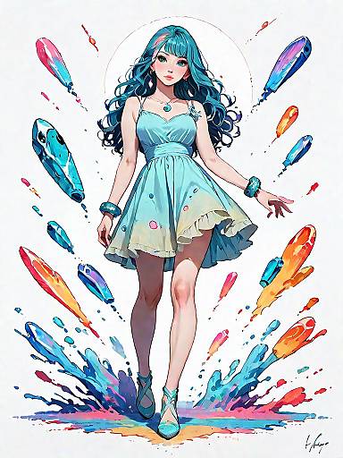 Bohemian Woman in Turquoise Dress with Artistic Splash