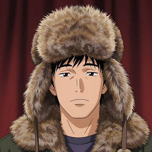 Anime-style digital drawing of a young man with light skin, black hair, and brown eyes, wearing a fur-lined winter hat and dark coat against a