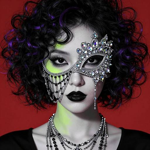 Photograph of a pale-skinned woman with curly black hair, wearing a glittering masquerade mask, black lipstick, and layered necklaces,