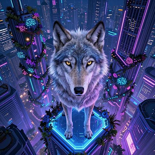 Digital art: A wolf with piercing yellow eyes stands on a glowing blue platform amidst a vibrant, neon-lit cityscape with purple and pink lights.