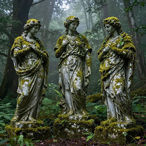 Stoic Statues in Misty Forest
