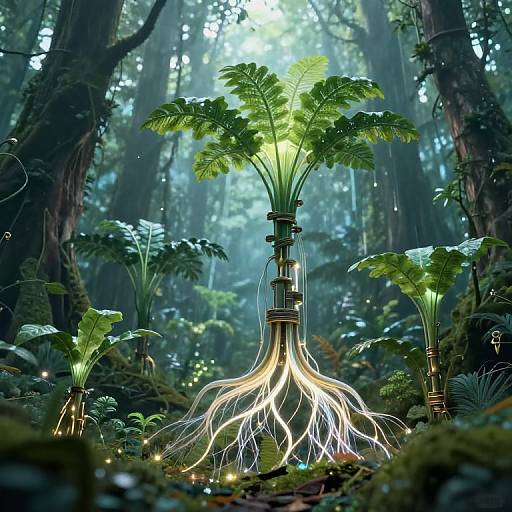 Digital art of glowing, bioluminescent ferns with exposed, illuminated roots in a mystical, misty forest with tall trees and soft light.