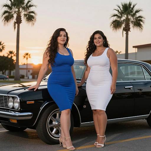 Curvy Women by Classic Car at Sunset