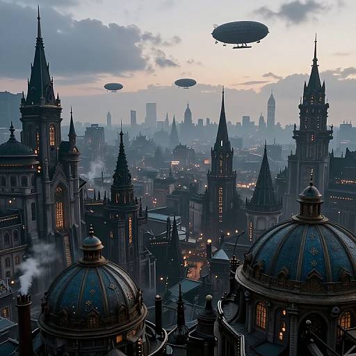 Futuristic cityscape at dusk featuring gothic-style domed buildings, steam rising, and three airships floating in a cloudy sky.