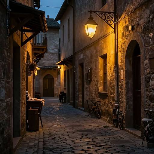 Photograph of a narrow, cobblestone alley at dusk, illuminated by warm, yellow lanterns on rustic stone buildings, with outdoor tables and bicycles