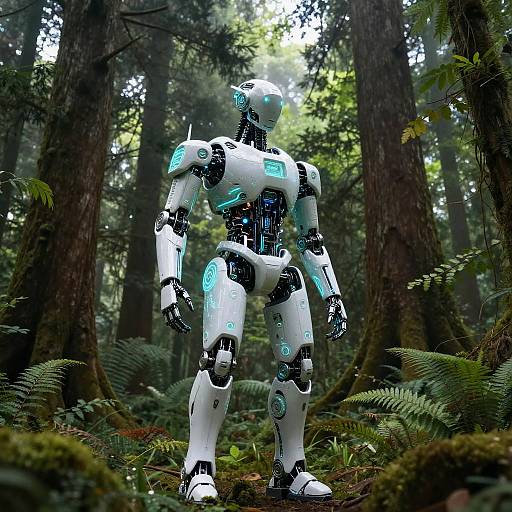 Photorealistic CGI of a white, glowing-blue robotic humanoid standing in a dense, sunlit forest with ferns and tall trees.