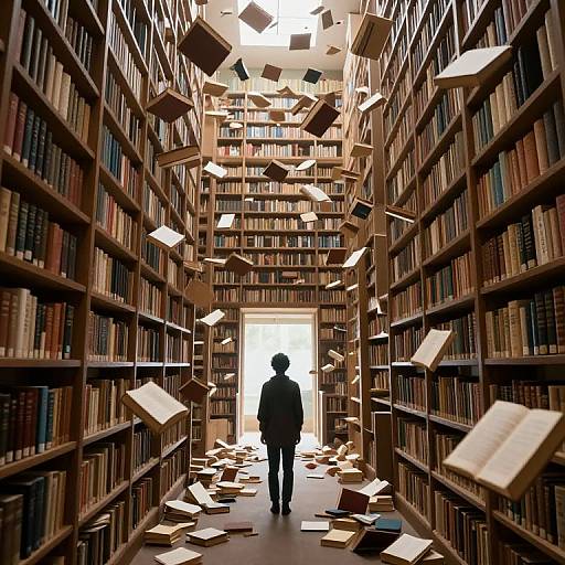Photograph of a silhouetted person standing in a library aisle with floating books, surrounded by tall wooden shelves filled with books.