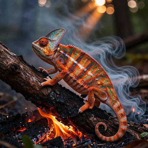 Ember-Lit Chameleon on Smoldering Bark