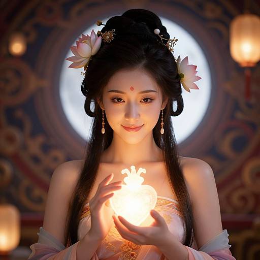 Digital artwork of an Asian woman with long black hair, floral headpieces, and a red forehead dot, holding a glowing orb, illuminated against a circular