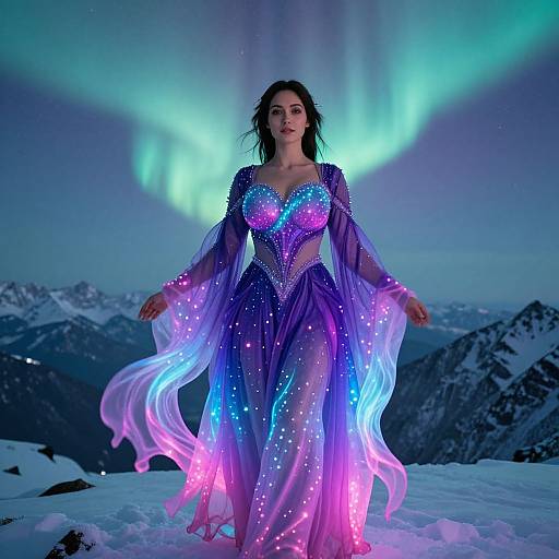 Photograph of a woman in a glowing, iridescent, purple and blue dress standing in snowy mountains under the Northern Lights.