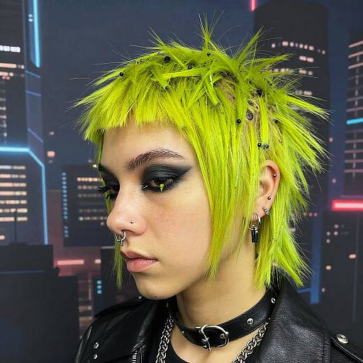 Photograph of a punk-style woman with neon green spiky hair, black heavy eye makeup, nose ring, black leather choker, and black jacket