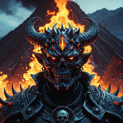 Demonic Horned Skull Warrior with Fiery Background