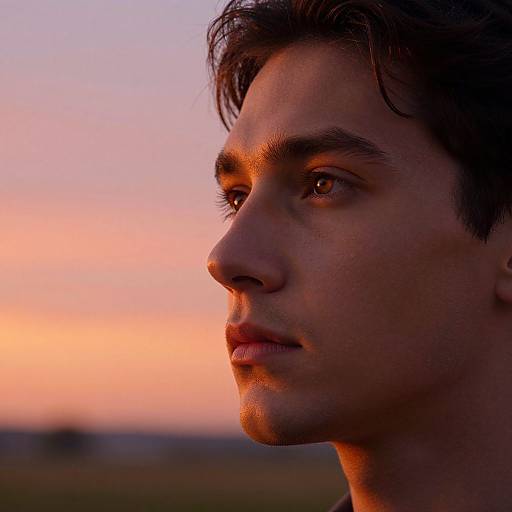 Photograph of a young man with medium skin tone, dark hair, and intense gaze, illuminated by a pink and orange sunset.