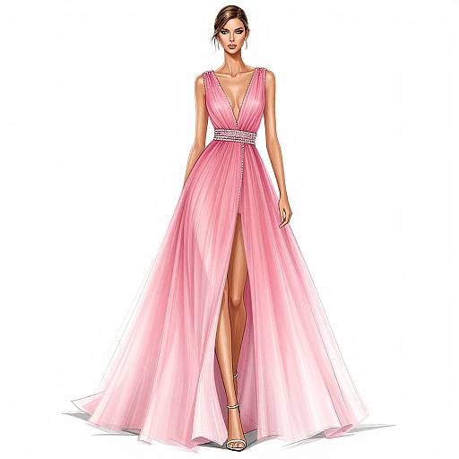 Digital illustration of a tall, slender woman in a pink, V-neck, floor-length gown with a high slit, wearing silver heels, standing against a