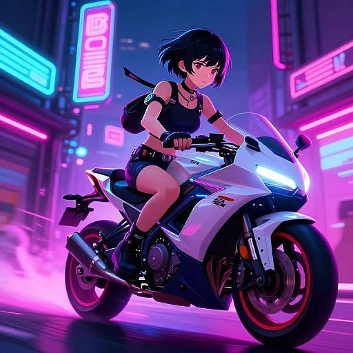 Neon-lit night scene: anime girl with black bob haircut, black tank top, shorts, and backpack rides white sports motorcycle, glowing pink and