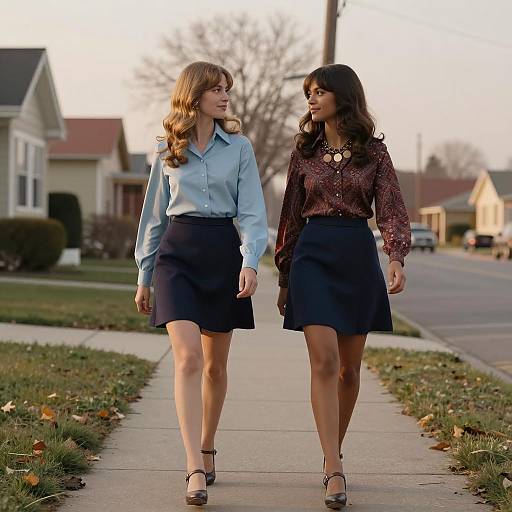 1970s Style Women Walking on Suburban Sidewalk