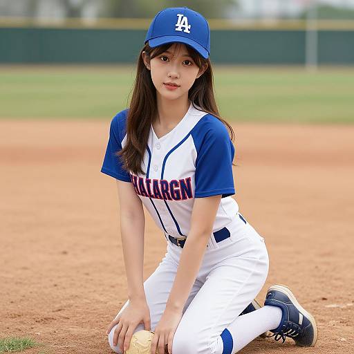 Photograph of a young Asian woman with long brown hair, kneeling on a baseball field in a white and blue Los Angeles Dodgers uniform, wearing a blue