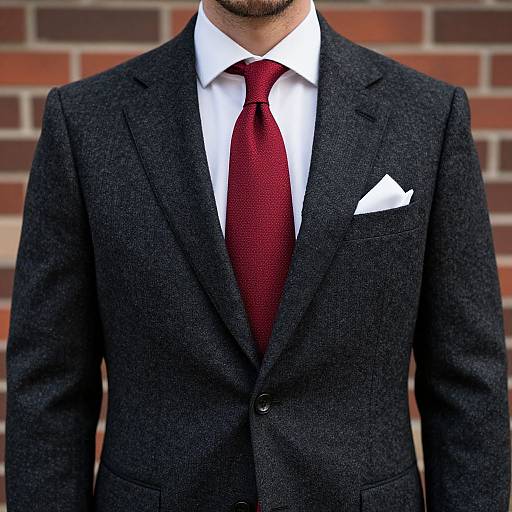 Photograph of a man in a black textured suit with a white shirt and red tie, featuring a white pocket square, standing against a red brick wall