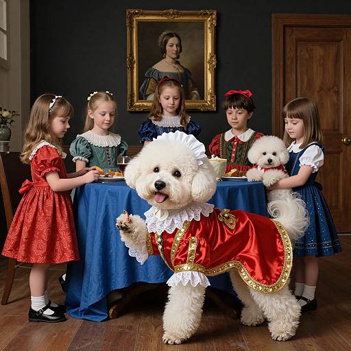 Photograph of five young girls in Victorian-era dresses, standing around a table with a white fluffy dog in a red satin costume, in a dark room
