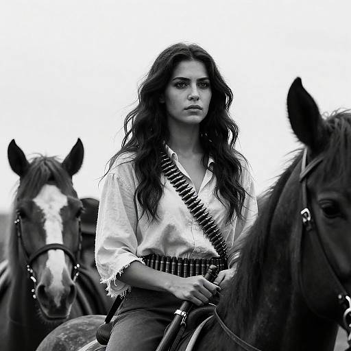 Determined Woman on Horse in B&W