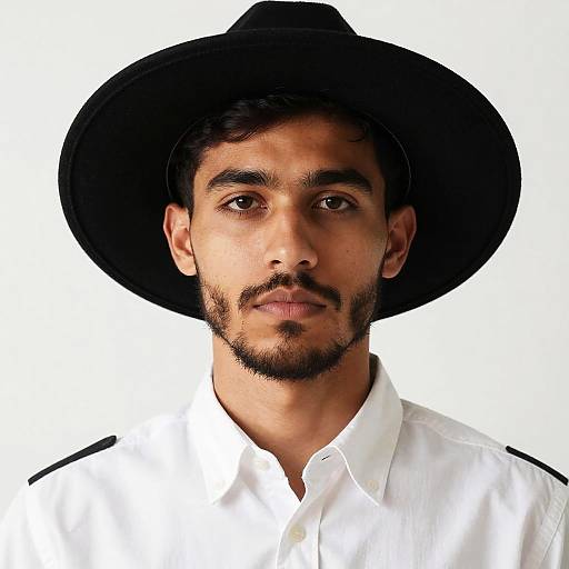 Photograph of a young, handsome Indian man with medium brown skin, dark hair, and beard, wearing a black hat and white shirt, against a