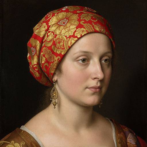Photograph-style painting of a pale-skinned woman with brown eyes, wearing a red floral headscarf, gold earrings, and brown patterned dress