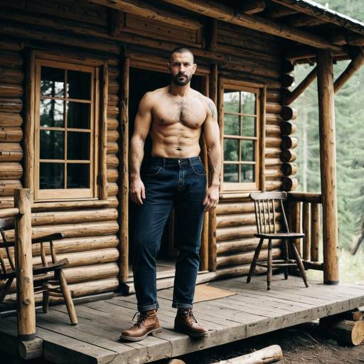 Shirtless man standing on rustic log cabin porch