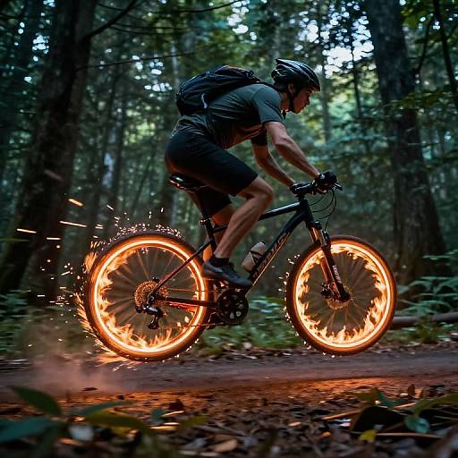 Photograph of a male mountain biker in dark gear and helmet, riding a black bike with glowing orange wheels, surrounded by a dense forest at dusk